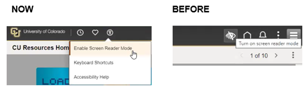 Comparison view of the old and new options under the screen reader icon