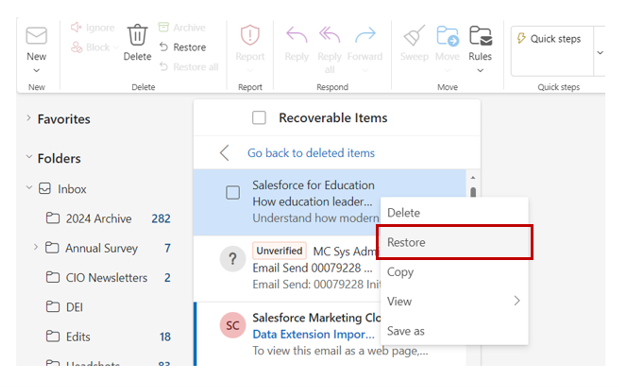 Screenshot of Outlook restore steps