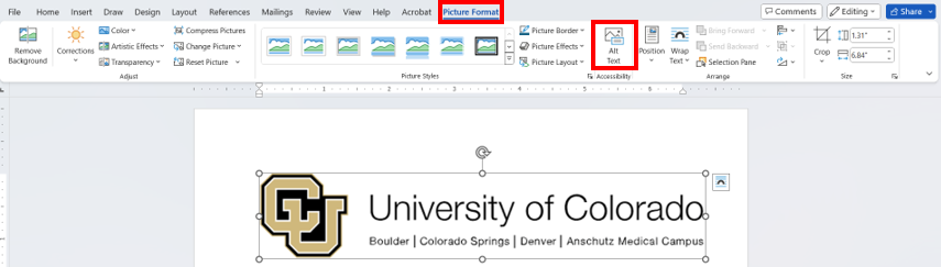 Select Alt Text under the Picture Format toolbar in Microsoft Word