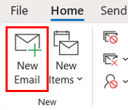 New Email option under the Home tab in Outlook.