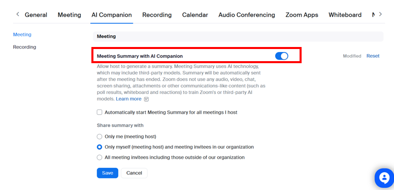 Enable Meeting Summary with AI Companion function