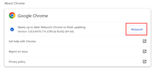 Relaunching Chrome to apply update