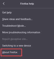 About Firefox option in dropdown help menu
