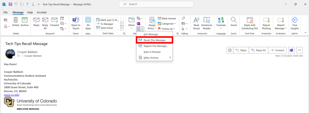 Recall this Message in Outlook option