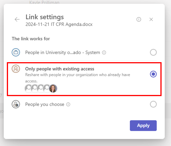 Existing access link setting