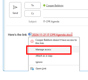 Manage access to shared link in Outlook