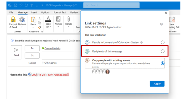 Link settings in Outlook