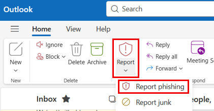 Screenshot of Outlook’s Home tab showing the “Report” button with a shield icon. The dropdown menu is open, and “Report phishing” is highlighted in red to show where to click to report a phishing email.