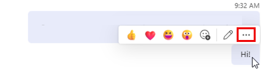 Screenshot of a Teams chat message with emoji reactions visible and the three‑dots ‘More options’ button highlighted to show where to access additional message actions.