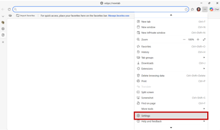 Microsoft Edge browser window with the settings menu open. The “Settings” option is highlighted in the dropdown menu