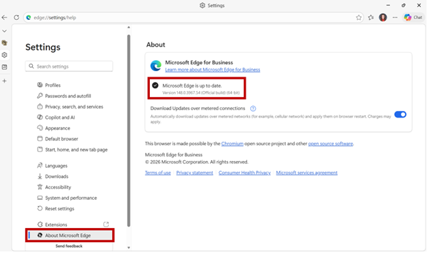 Microsoft Edge Settings page open to the “About Microsoft Edge” section. Highlighted areas show the browser is up to date and indicate where to access the About page in the sidebar.