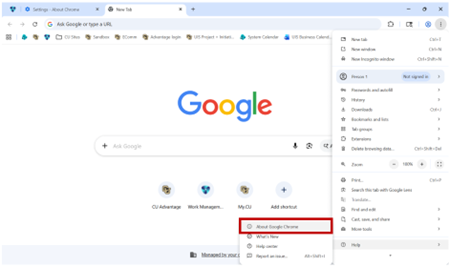 Google Chrome browser window with the three-dot menu open. The “About Google Chrome” option is highlighted near the bottom of the Help submenu.