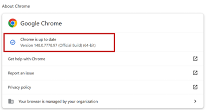 Google Chrome “About Chrome” settings page showing a highlighted message that Chrome is up to date, including the current version number.