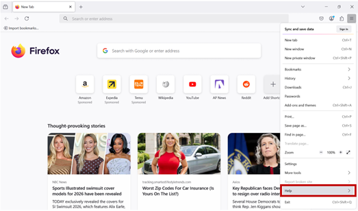 Firefox browser homepage with the application menu open. The “Help” option is highlighted in the dropdown menu.
