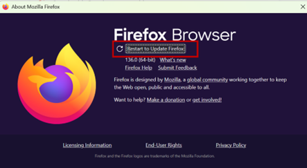 Firefox “About Mozilla Firefox” window showing a highlighted message prompting the user to restart the browser to install an update.