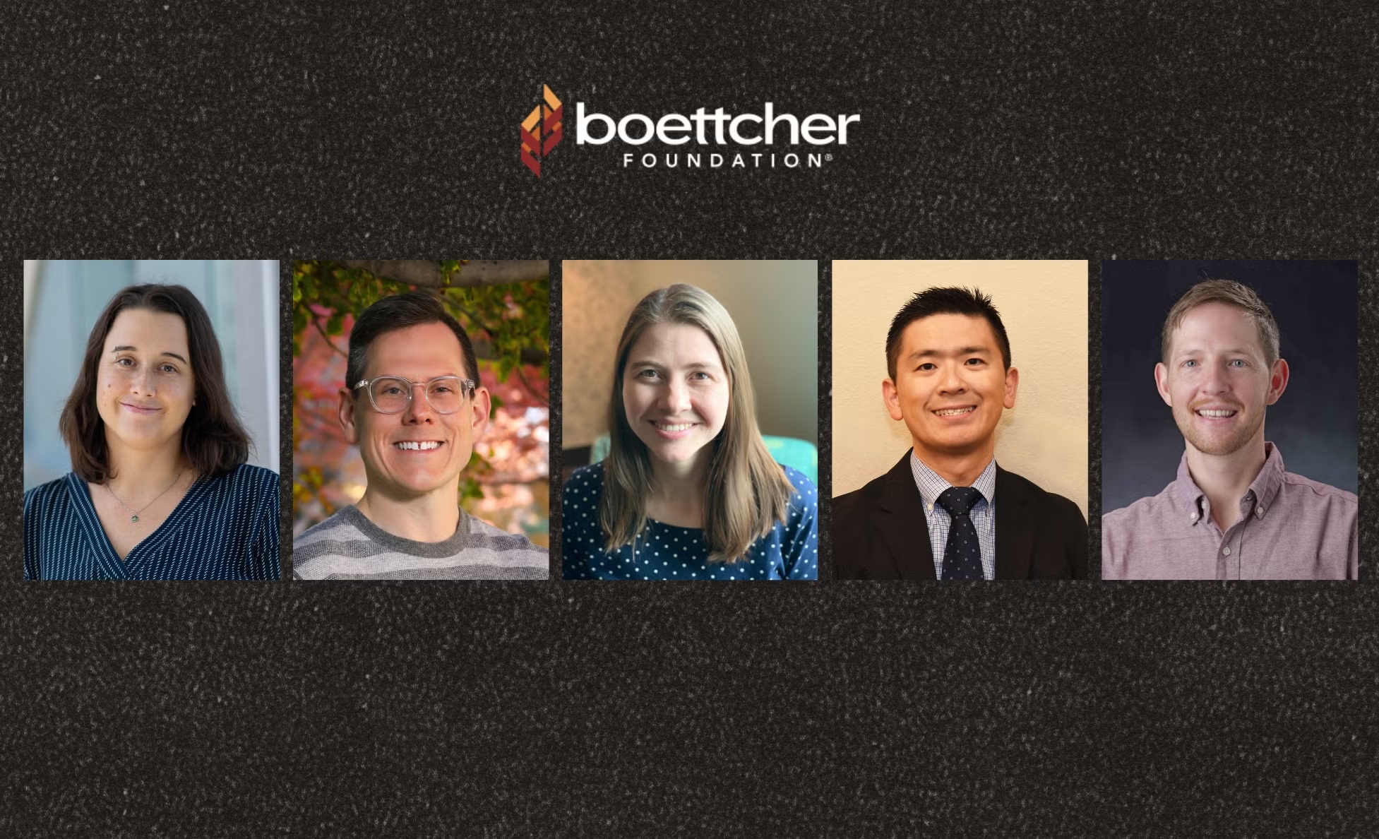 CU's 2026 Boettcher Investigators, from left, Alessandra Brambati, PhD; John Janetzko, PhD; Katherine Kissler, CNM, PhD; Kentaro Yomogida, MD; and Matthew Olm, PhD.