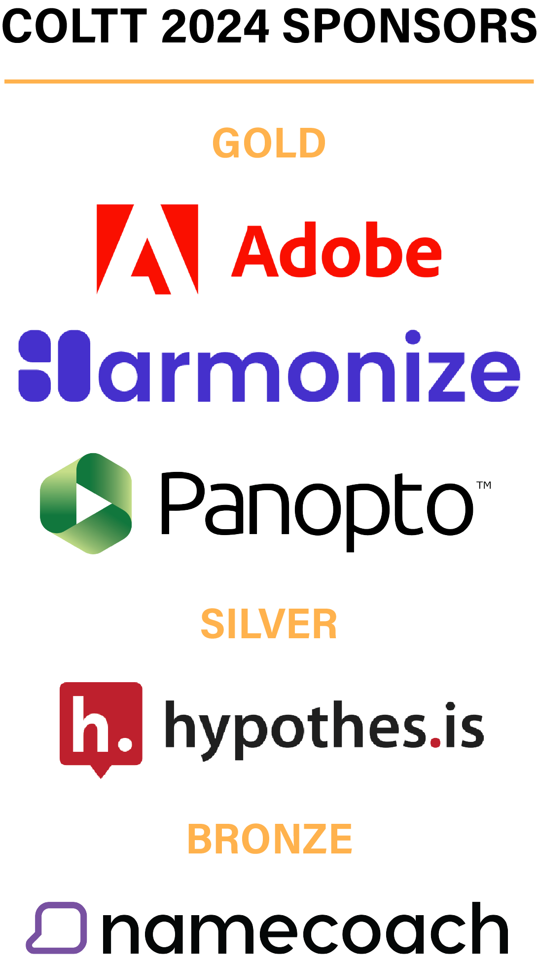 COLTT 2024 Sponsors, Adobe, Harmonize, Panopto, Hypothesis, Namecoach