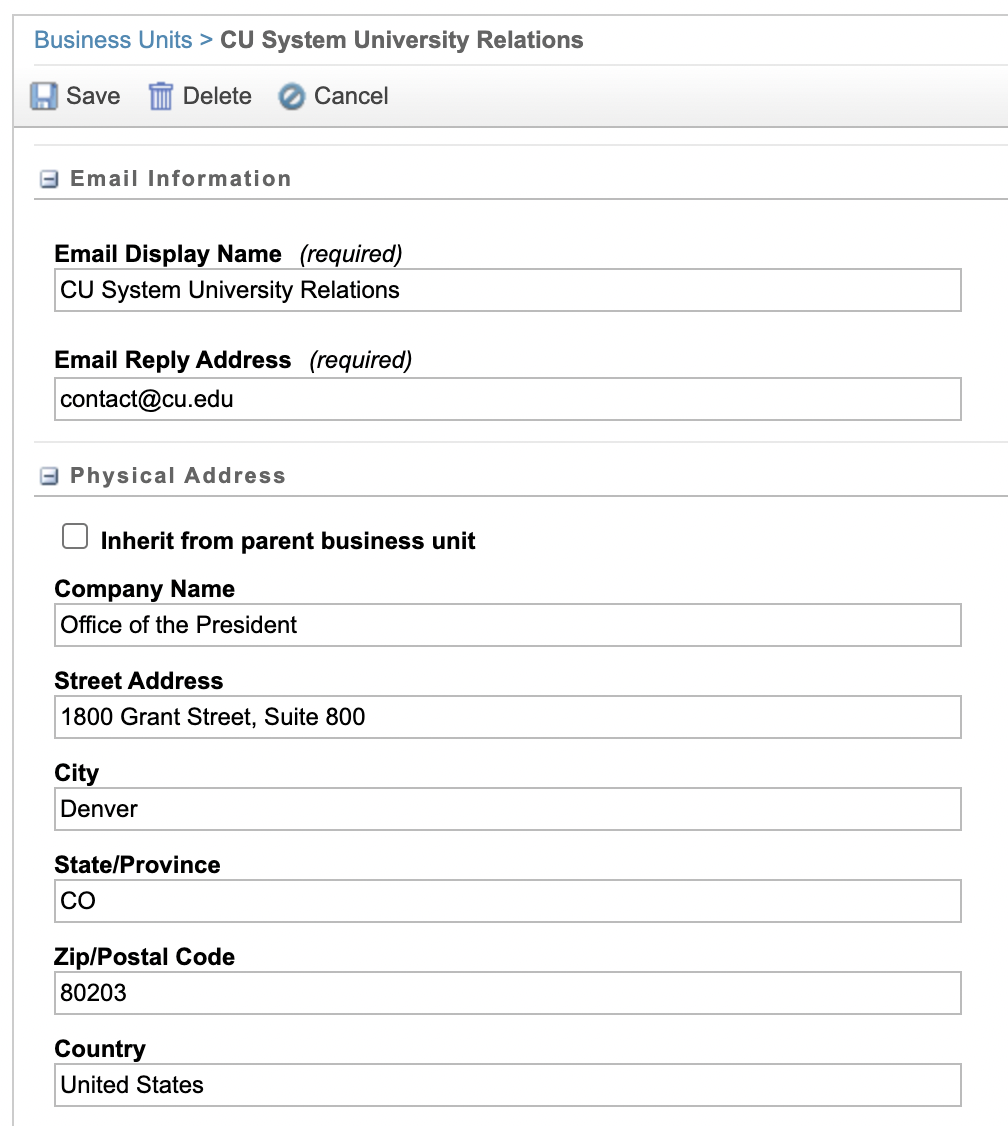 Business Unit Contact Information