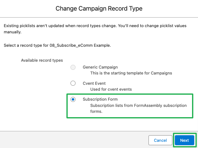 Select Subscription Form and click Next.