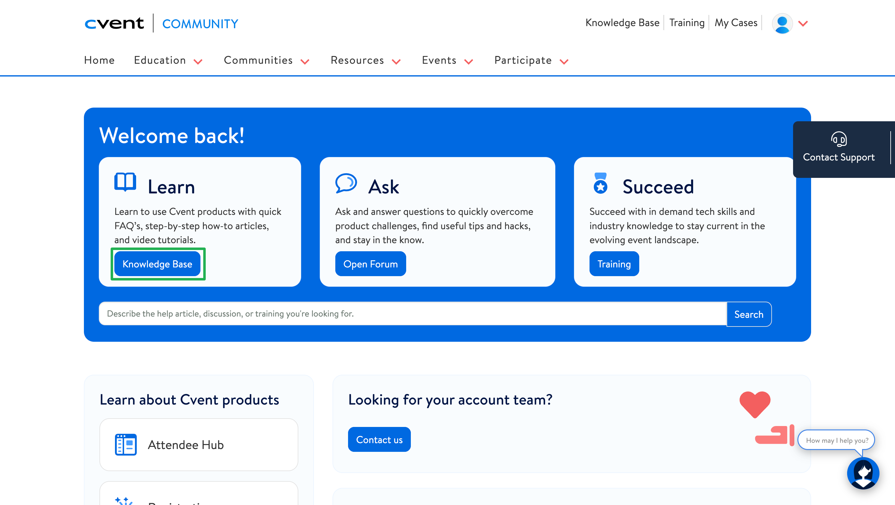Click on Knowledge Base to navigate to Cvent's database of help articles.
