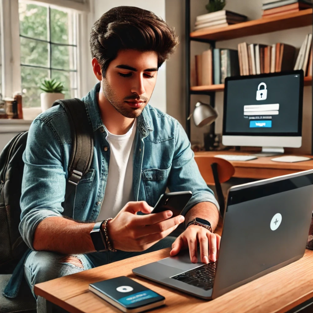 Man at desk typing on laptop