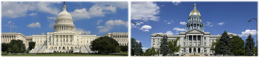 A photo of the U.S. Capitol Building and the Colorado Capitol Building side by side