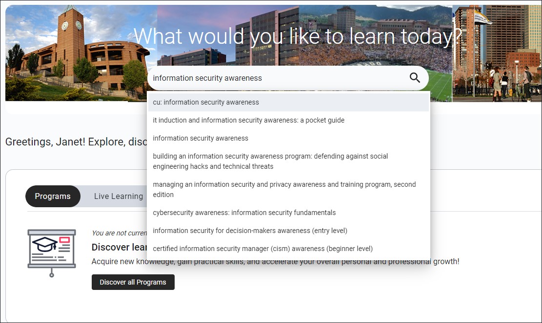 Screenshot of Percipio's search box with course title and dropdown of options. The proper selection is highlighted. indicating the course is completed and showing the actions dropdown menu with restart course highlighted.