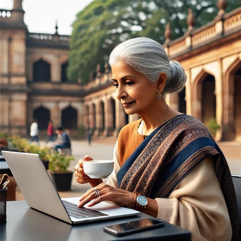 Person sitting outside on a campus accessing laptop