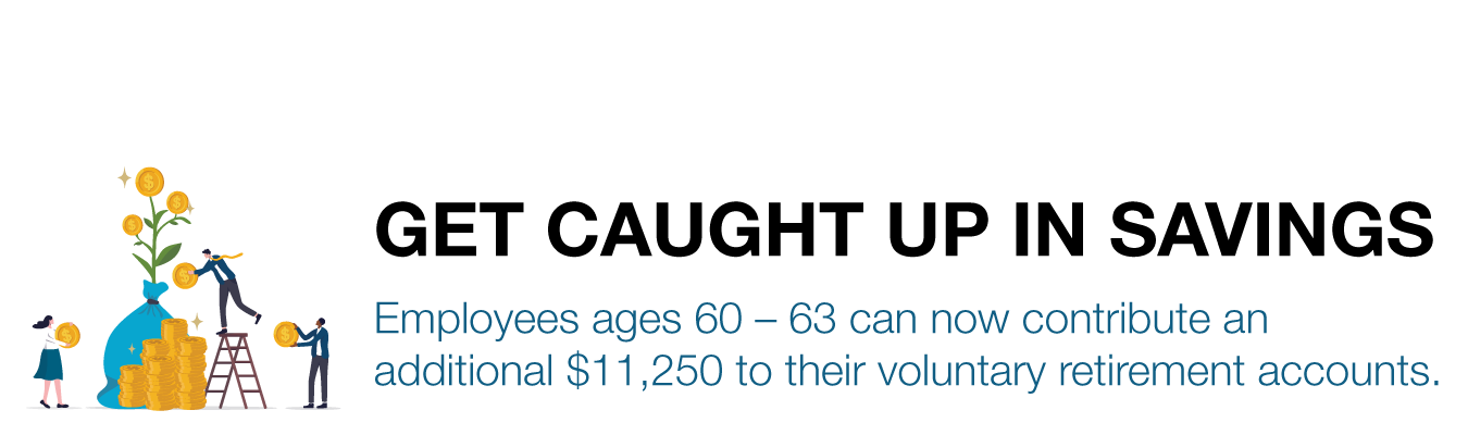 GET CAUGHT UP IN SAVINGS. Employees ages 60 – 63 can now contribute an additional $11,250 to their voluntary retirement accounts.