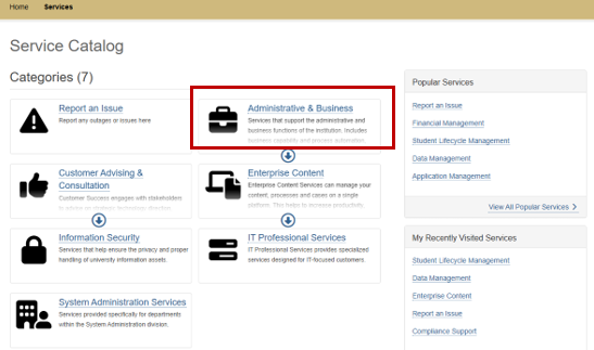 Administrative & Business Category option - UIS Self-Service Portal, TDX