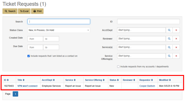 Viewing Issue Request Status - CU Self-Service Portal, TDX